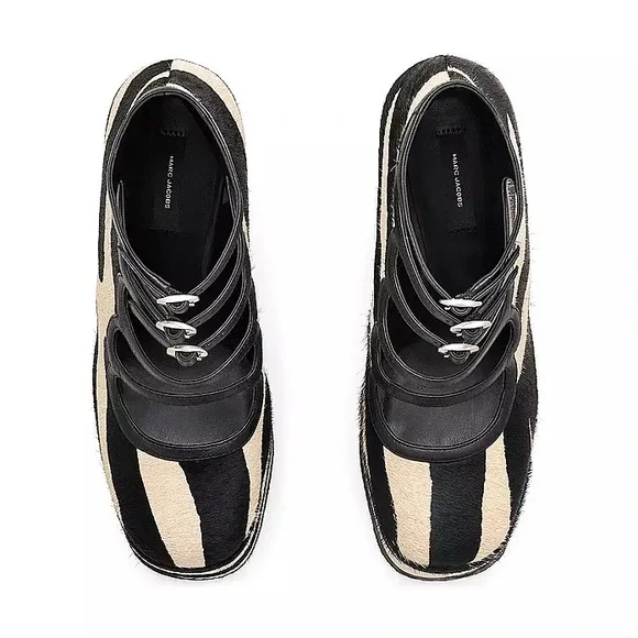 Marc Jacobs Kiki black tan zebra calf hair strappy chunky platform ankle boots - Picture 11 of 12